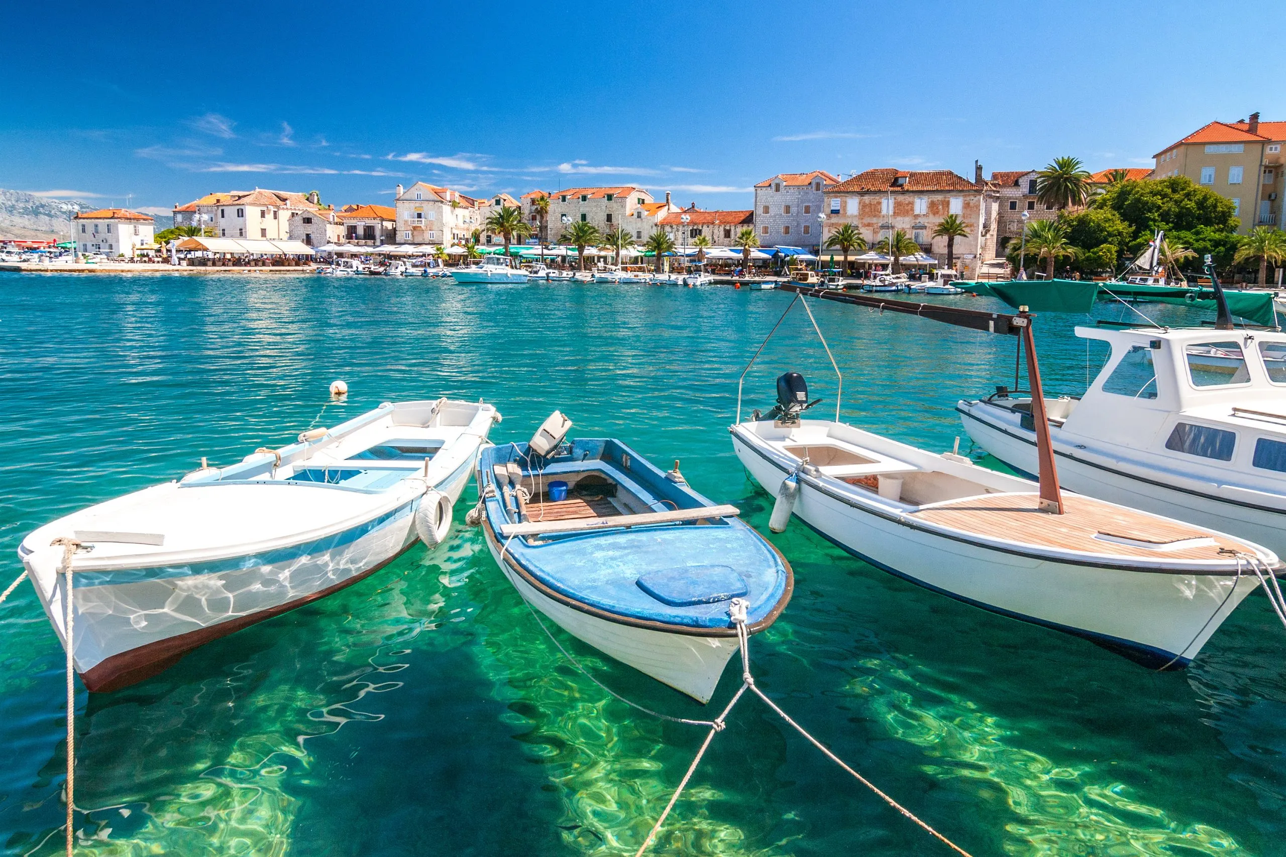 Boats in the Supetar harbor on the Brac island  at a summer, Croatia, Europe.