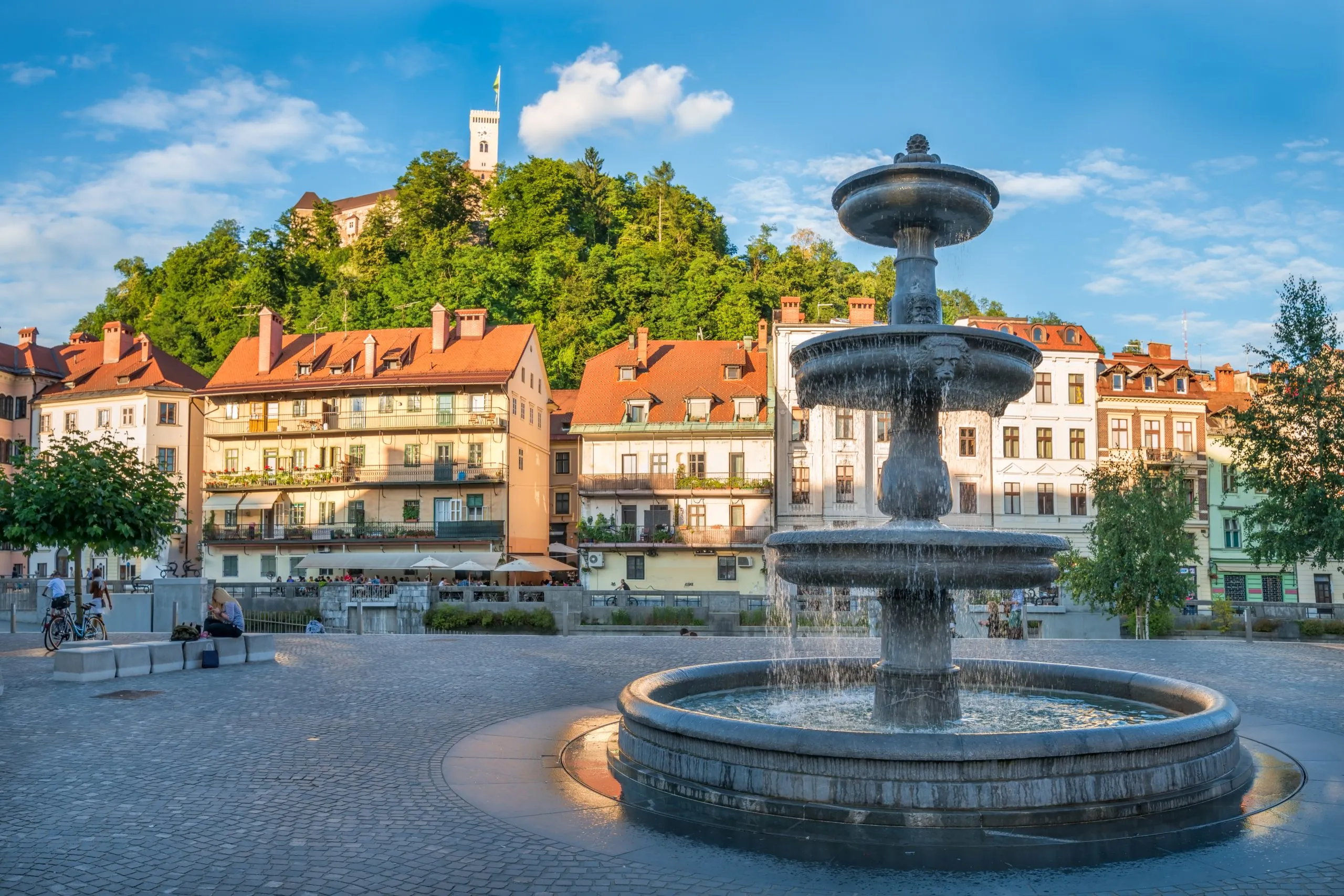 Panorama of Ljubljana, Fountain and Castle, Slovenia, Europe. Cityscape of the Slovenian capital Ljubljana.