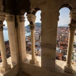 View of Split's old town and beyond from inside the bell tower of Cathedral of Saint Domnius in Croatia.
