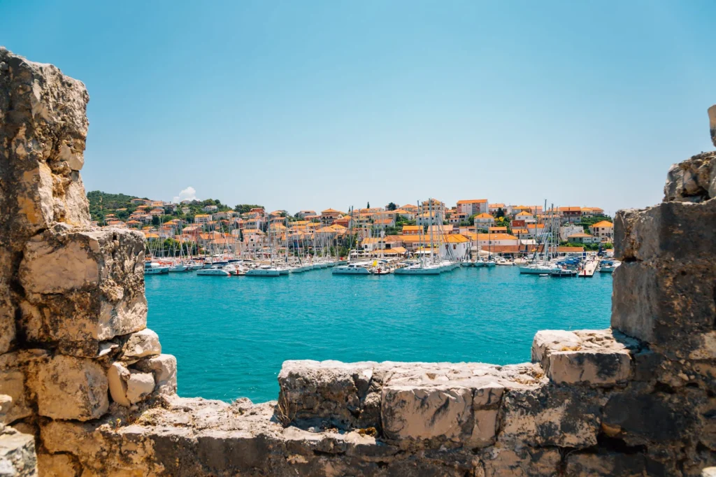 Adriatic sea and harbor view from Kamerlengo castle and fortress in Trogir, Croatia